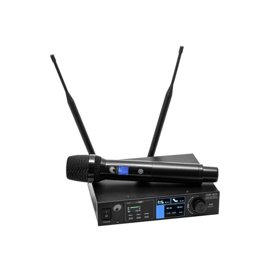 Sistema microfonico wireless professionale OMNITRONIC UHF-601 True Diversity con EQ a 7 bande e display TFT 520-554 MHz
