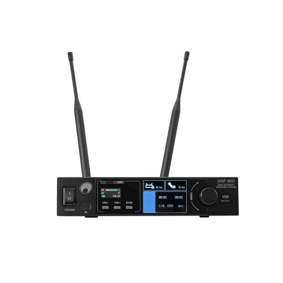 Sistema microfonico wireless professionale OMNITRONIC UHF-601 True Diversity con EQ a 7 bande e display TFT 520-554 MHz