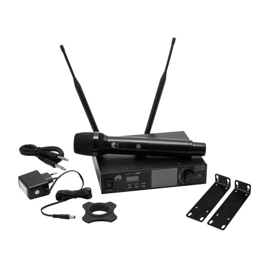 Sistema microfonico wireless professionale OMNITRONIC UHF-601 True Diversity con EQ a 7 bande e display TFT 520-554 MHz