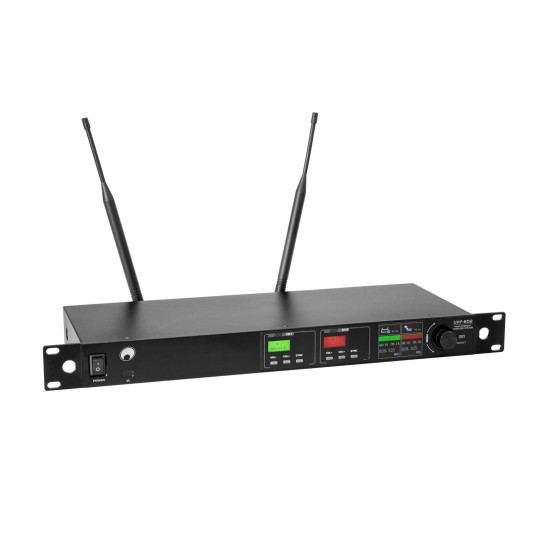 Sistema Microfonico Wireless Professionale OMNITRONIC UHF-602 a 2 Canali con True Diversity, Equalizzatore 7 Bande e Display TFT