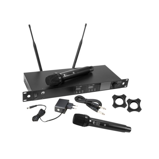 Sistema Microfonico Wireless Professionale OMNITRONIC UHF-602 a 2 Canali con True Diversity, Equalizzatore 7 Bande e Display TFT