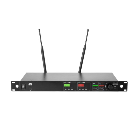 Sistema Microfonico Wireless Professionale OMNITRONIC UHF-602 a 2 Canali con True Diversity, Equalizzatore 7 Bande e Display TFT