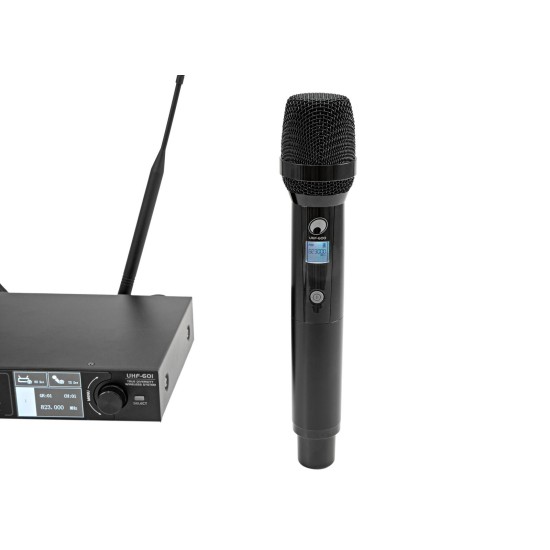 Sistema Microfonico Wireless Professionale OMNITRONIC UHF-602 a 2 Canali con True Diversity, Equalizzatore 7 Bande e Display TFT