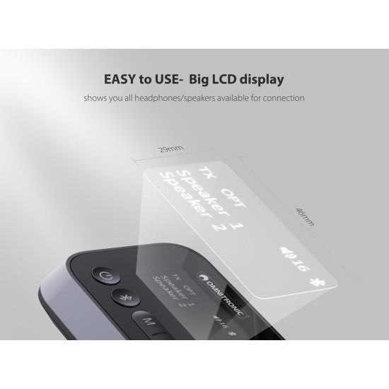 OMNITRONIC BDT-5.2PRO Trasmettitore Ricevitore Bluetooth aptX HD 3in1 con Dual Link, Bypass e Display LCD