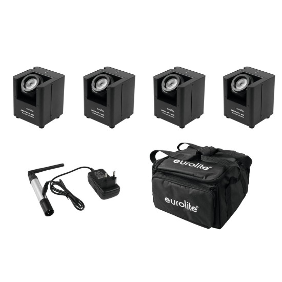 EUROLITE Set: 4x AKKU UP-1 LED Uplights + SB-4 Soft Bag + Trasmettitore QuickDMX