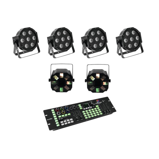Set EUROLITE: 4 Proiettori LED SLS-7 HCL, 2 Effetti FE-700, Controller DMX Color Chief