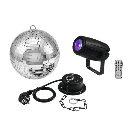 Set Sfera a Specchio LED EUROLITE 20 cm con Motore Silenzioso e Spot RGBW – Effetto Luce per Eventi, Club e Vetrine