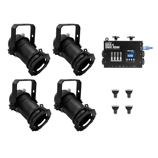 Set EUROLITE PAR‑16 professionali con lampade dim2warm GU‑10 e dimmer LED DMX EDX‑4, confezione completa