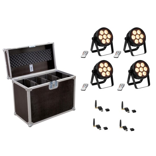 EUROLITE Set di 4 Proiettori LED 7C-7 Silent Slim Spot con USB QuickDMX e Custodia