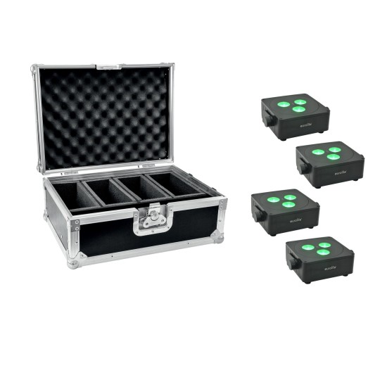 EUROLITE Set 4x AKKU IP Flat Light 3 Nero con Custodia Professionale