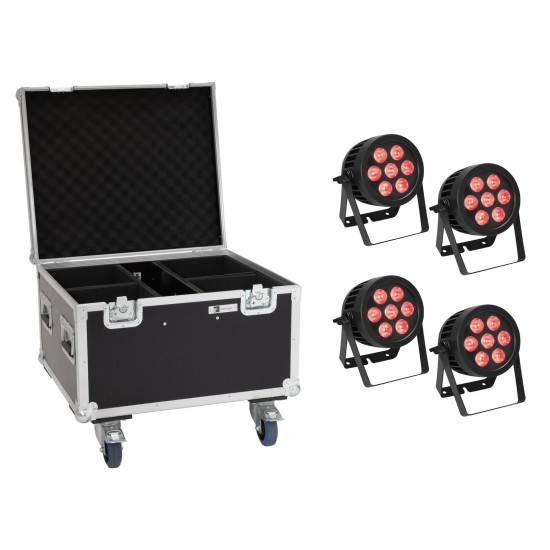 Set EUROLITE 4x LED IP PAR 7x8W QCL con Flightcase - Illuminazione Scenografica Professionale