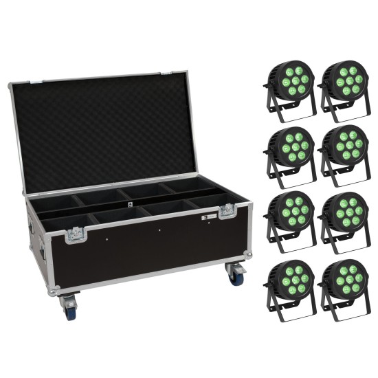 Set EUROLITE 8x LED IP PAR 7x8W QCL Spot con Flightcase su Ruote – Proiettore LED da Palco Professionale