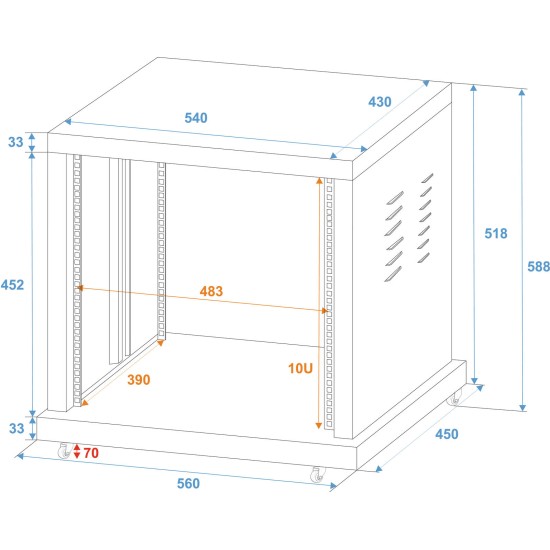 Robusto Steel Rack 19 pollici, 10 Unità - Supporto per Amplificatori e Apparecchiature Pesanti