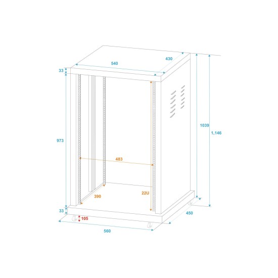 ROADINGER Rack in Acciaio Verniciato a Polvere 22U con Ruote e Supporto per Amplificatori