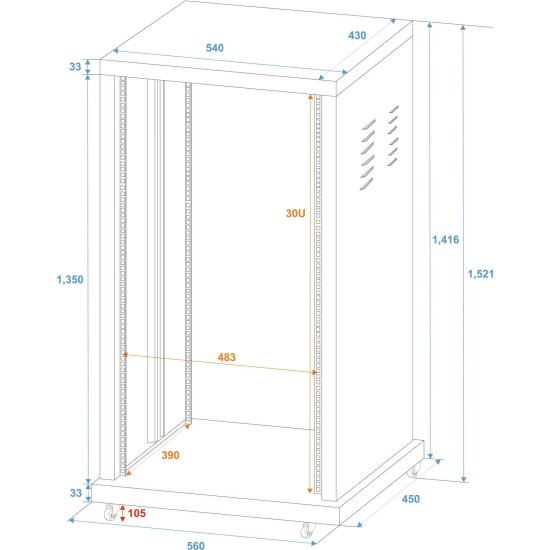 ROADINGER Rack in Acciaio Verniciato a Polvere SR-19, 30U - Struttura Resistente per Installazioni Fisse