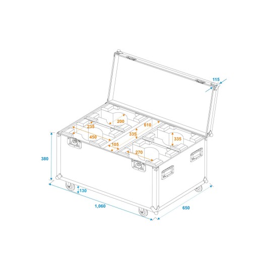 ROADINGER Flightcase PRO per 4 Moving Head LED TMH-X7 con Ruote Girevoli e Vano Accessori