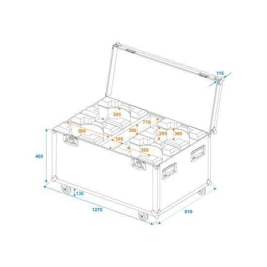 ROADINGER Flightcase per 4 LED TMH-X19 Moving Head con Ruote Girevoli e Hardware di Marca