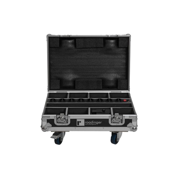 ROADINGER Flightcase 8x AKKU Spot Mini IP UP-4 QCL MK2 con Ricarica e Ruote Girevoli