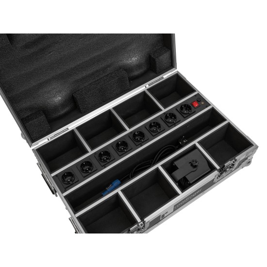 ROADINGER Flightcase 8x AKKU Spot Mini IP UP-4 QCL MK2 con Ricarica e Ruote Girevoli