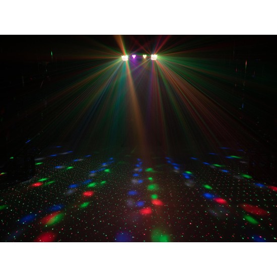 Set luci compatto EUROLITE LED KLS-120 Laser FX II con derby rotanti, spot LED RGBW e doppio laser RG DMX