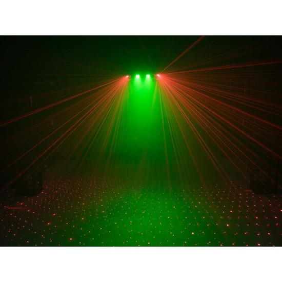 Set luci compatto EUROLITE LED KLS-120 Laser FX II con derby rotanti, spot LED RGBW e doppio laser RG DMX