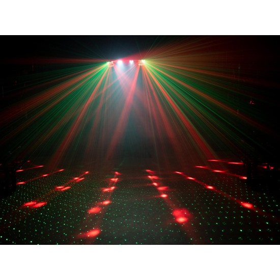 Set luci compatto EUROLITE LED KLS-120 Laser FX II con derby rotanti, spot LED RGBW e doppio laser RG DMX