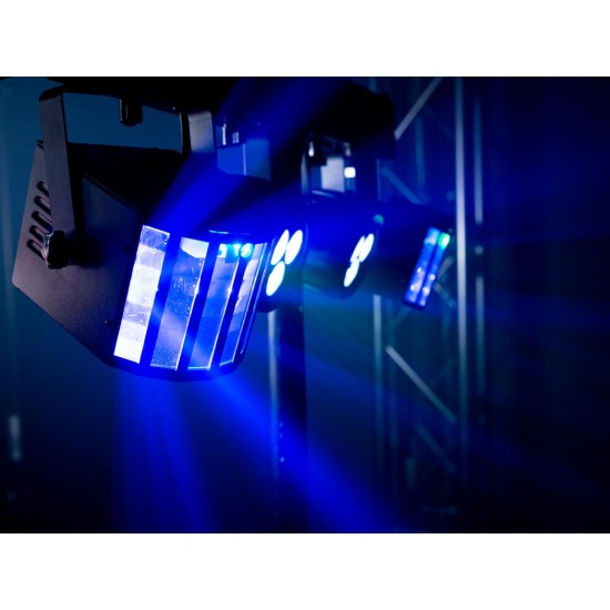 Set luci compatto EUROLITE LED KLS-120 Laser FX II con derby rotanti, spot LED RGBW e doppio laser RG DMX