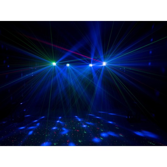 Set luci compatto EUROLITE LED KLS-120 Laser FX II con derby rotanti, spot LED RGBW e doppio laser RG DMX