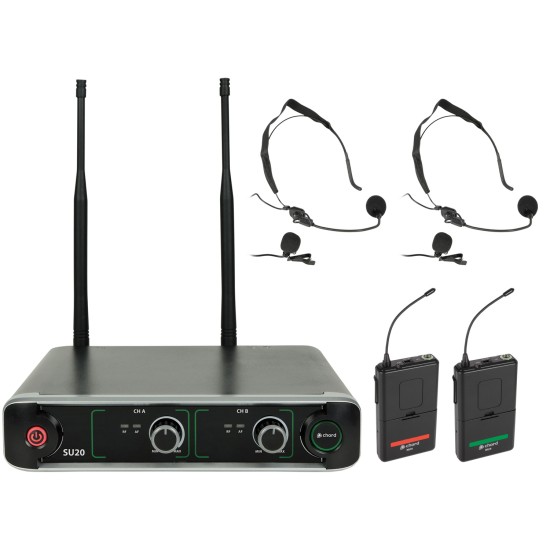 Set microfoni wireless ad archetto SU20 Dual UHF Beltpack Microphone Set Red Green Set microfoni wireless ad archetto SU20 Dual UHF Beltpack Microphone Set Red Green