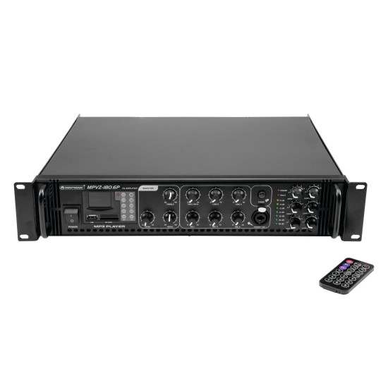 OMNITRONIC MPVZ-180.6P: Amplificatore Mixer ELA 6 Zone con Lettore Audio e Telecomando IR, 180W RMS