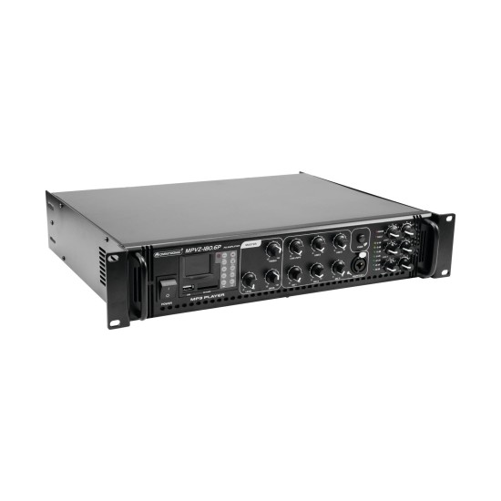 OMNITRONIC MPVZ-180.6P: Amplificatore Mixer ELA 6 Zone con Lettore Audio e Telecomando IR, 180W RMS