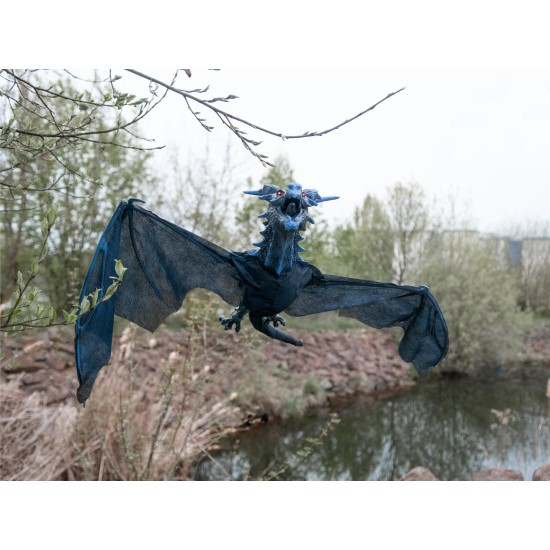 EUROPALMS Drago Volante Animato Blu per Halloween, 120 cm - Illuminazione e Effetti Sonori