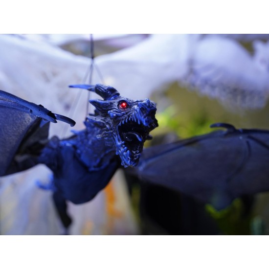 EUROPALMS Drago Volante Animato Blu per Halloween, 120 cm - Illuminazione e Effetti Sonori