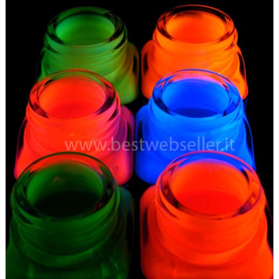 Set Vernici UV per Tessuti – 6 Barattoli da 20 ml – Colori Fluorescenti Reattivi alla Luce di Wood