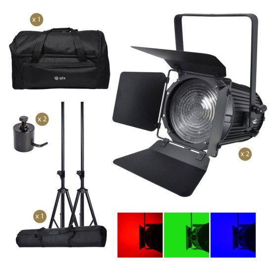 Coppia di Mini Proiettori Fresnel Zoom RGBW 160W con Supporti e Borsa