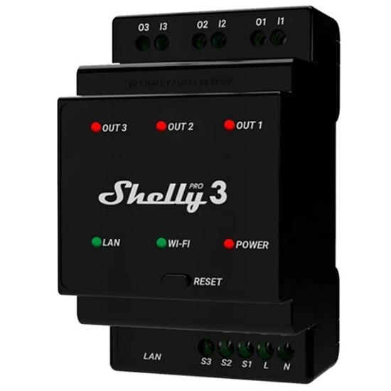 Shelly Pro 3 - Relè Smart IP LAN/WiFi/BT 3 Canali per Domotica