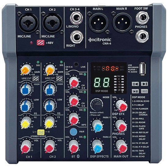 Mixer Compatto CMA-6 con DSP FX, Bluetooth e USB per Performance Audio Professionali