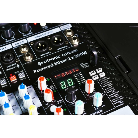 Mixer Amplificato FLITE-600 con 2 Microfoni UHF e Effetti DSP