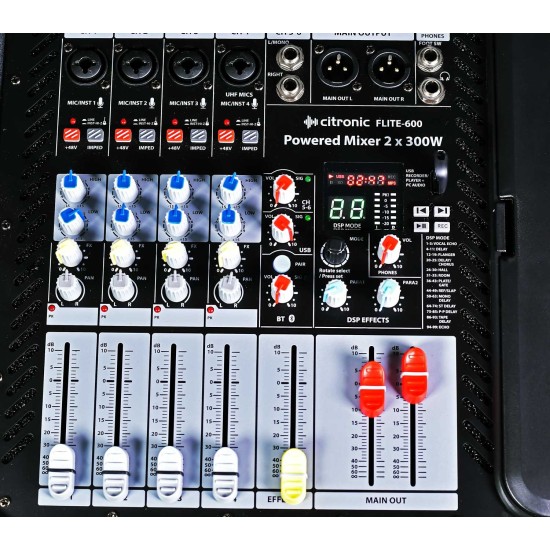 Mixer Amplificato FLITE-600 con 2 Microfoni UHF e Effetti DSP