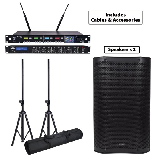 Pacchetto PA Attivo Portatile con Mixer e Microfoni Wireless