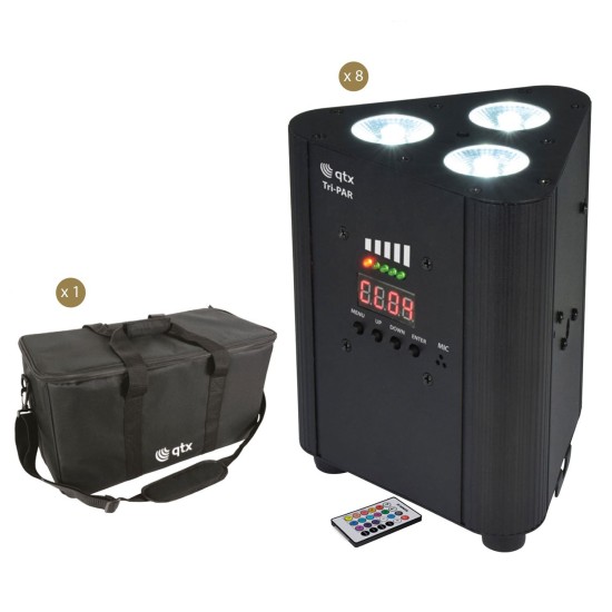 Set di 8 Tri-PAR Uplighter Ricaricabili con Borsa per Eventi