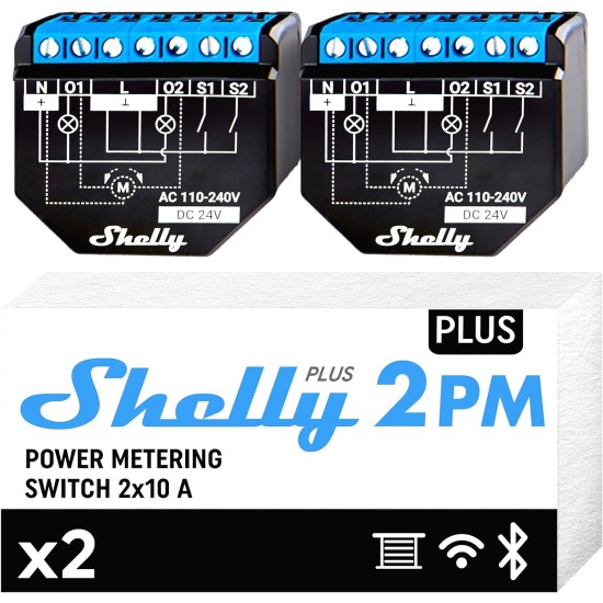Shelly Plus 2PM - Relè Smart per Tapparelle, Consumi e Luci, WiFi/BT, Nero