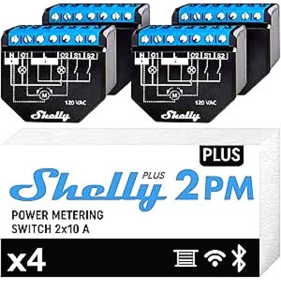 Shelly Plus 2PM Smart Relay per Tapparelle e Controllo Domotico - Relè Wi-Fi e Bluetooth Nero 4 pezzi