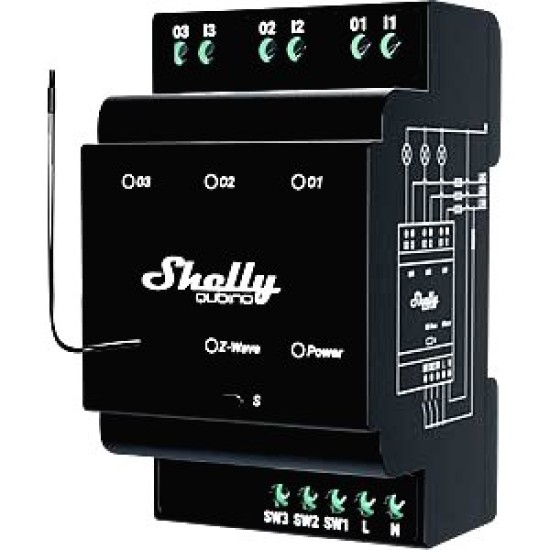Shelly Wave PRO 3 - Interruttore a Relè Z-Wave 3 Canali, Nero per Automazione Smart Home