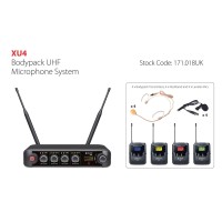 Sistema Microfonico UHF Professionale XU4 con 4 Bodypack e Microfoni Lavalier