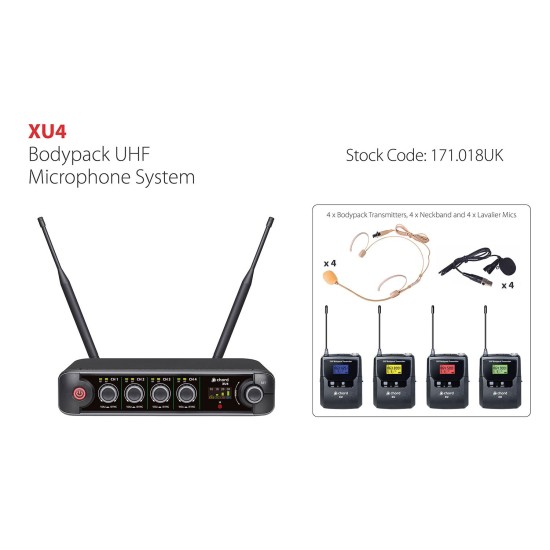 Sistema Microfonico UHF Professionale XU4 con 4 Bodypack e Microfoni Lavalier