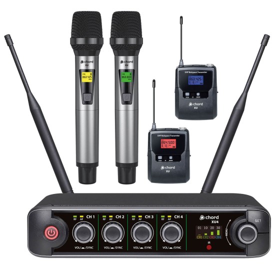 Sistema Microfonico Wireless XU4 Quad Combo UHF: 2 Microfoni Palmari + 2 Bodypack