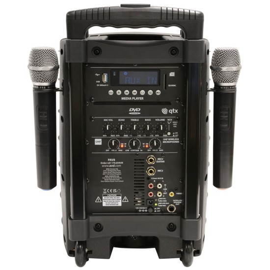 Sistema PA Portatile PAV8 con 2 Microfoni UHF, Bluetooth, CD/DVD e USB/SD